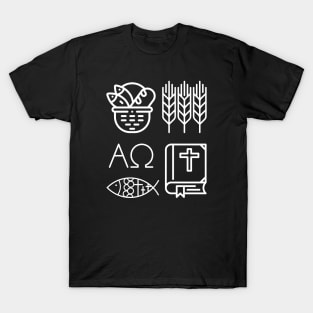 Black and White Christian Symbols Alpha, Omega, Wheat, Harvest, Bible, Fish, Bread T-Shirt